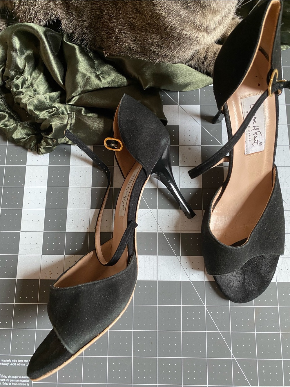 Black Suede and Patent D'Orsay Tango Heels with Cross Ankle Strap EU 40